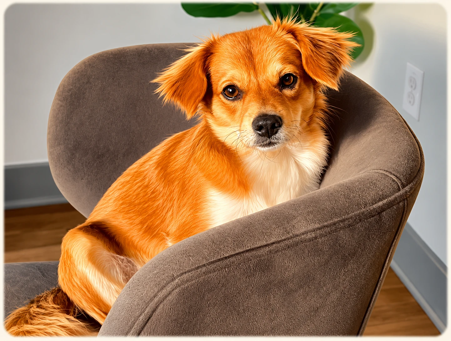 The real Mushu, a little golden dog with an expressive face, resting on a chair.