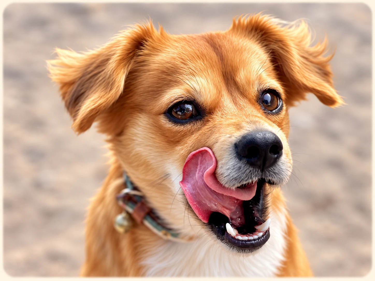 Mushu smiling, with his golden fur and expressive fox-like face.