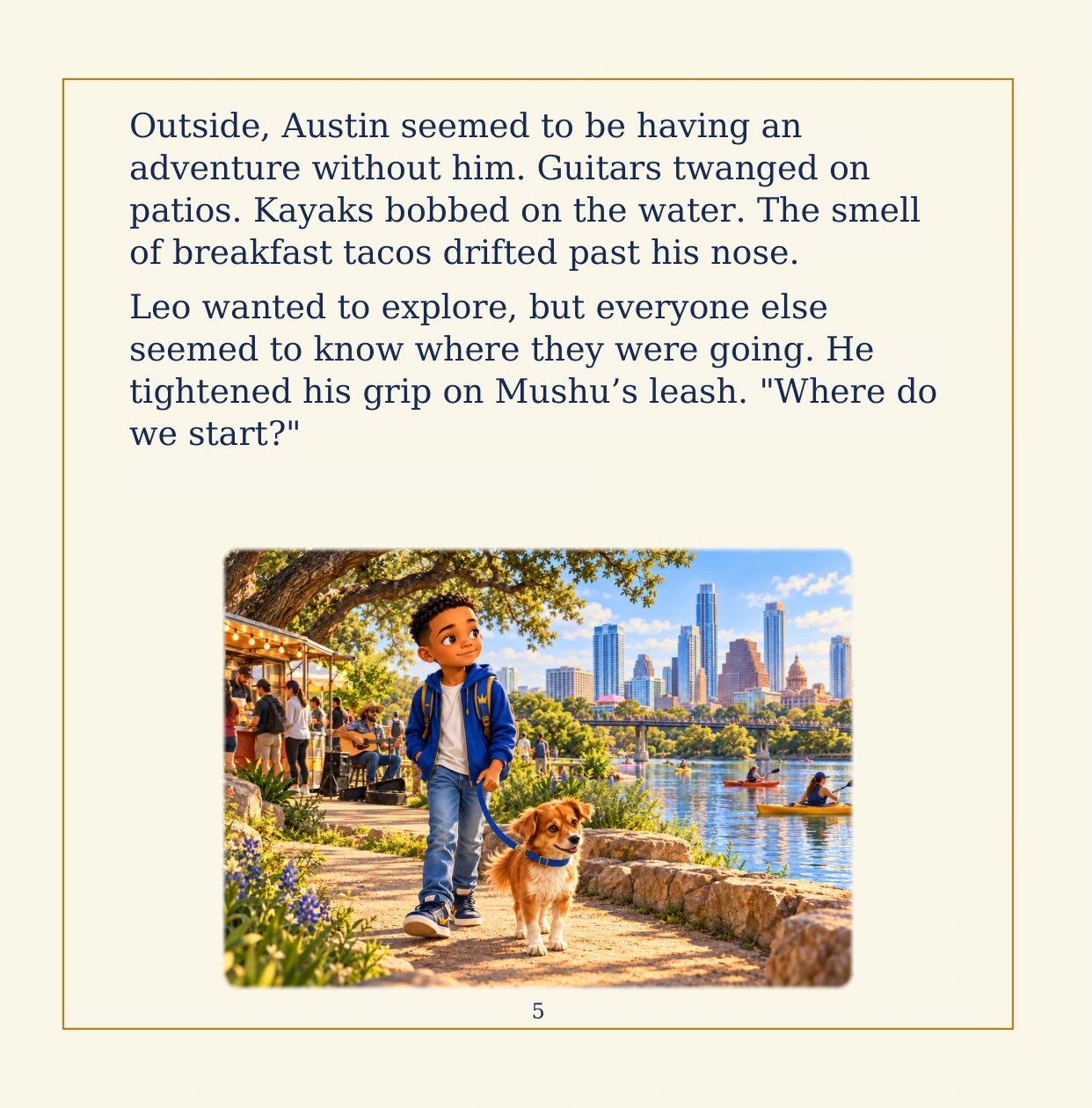 Book preview, page 5: Leo and Mushu get ready to explore their new city.